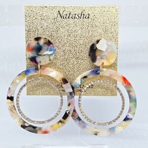 Natasha Faux Tortoise Rhinestone Statement Dangle Hoop Earrings NEW Boho Fall